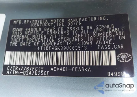 2009 Toyota Camry Se z USA, uszkodzony, nr VIN 4T1BE46K89U863513